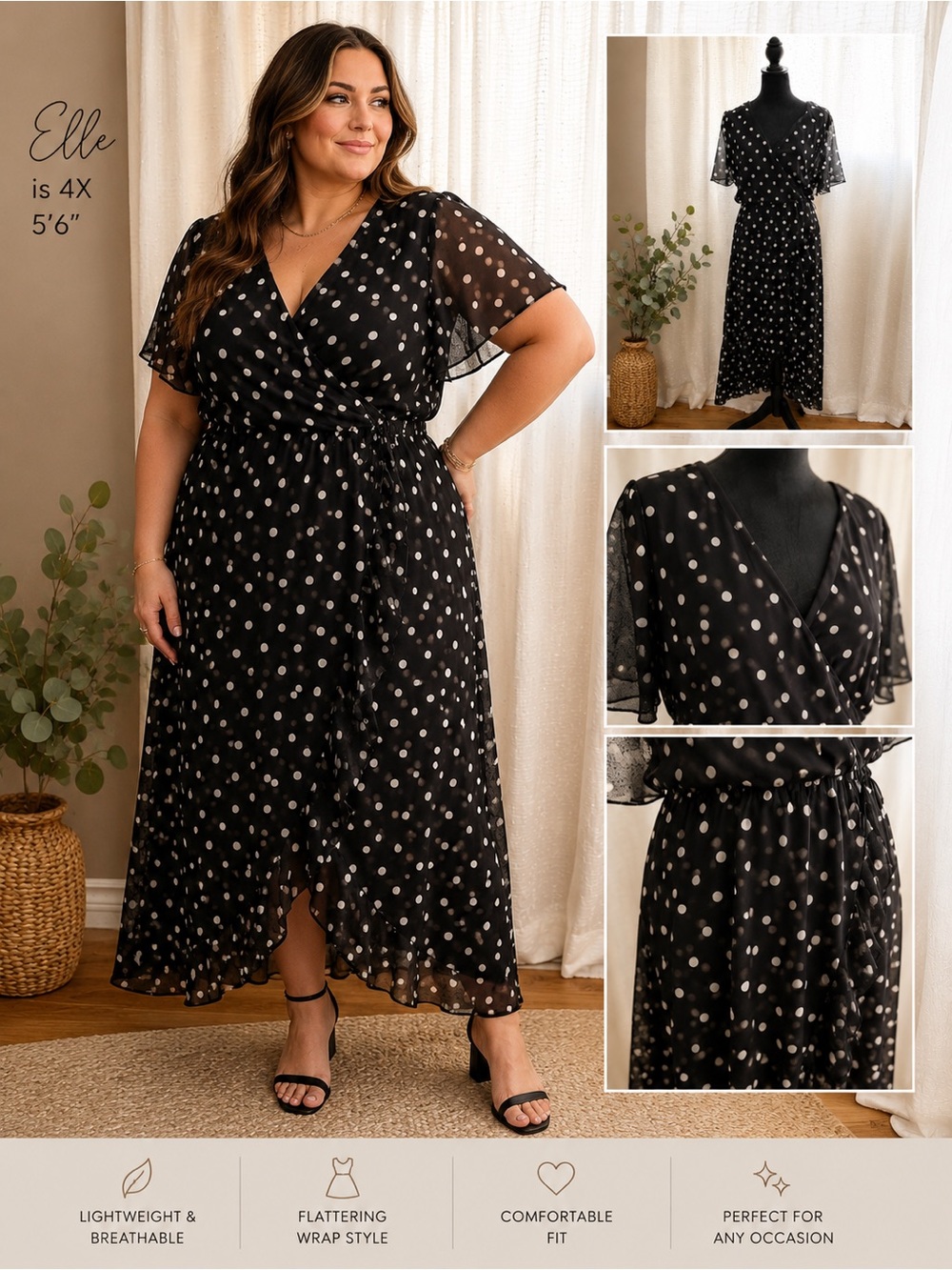 Addition Elle Black Polka Dot Wrap Maxi Dress